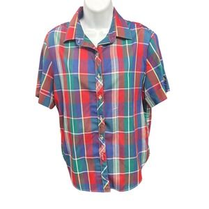 R Russ Russ Toys Women Plaid Short Sleeve Button Up Shirt Collared‎ Casual Top